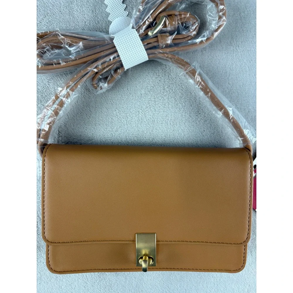 Esprit Women Tan Brown Vegan Leather Crossbody Bag Gold‎ Turn Lock New
